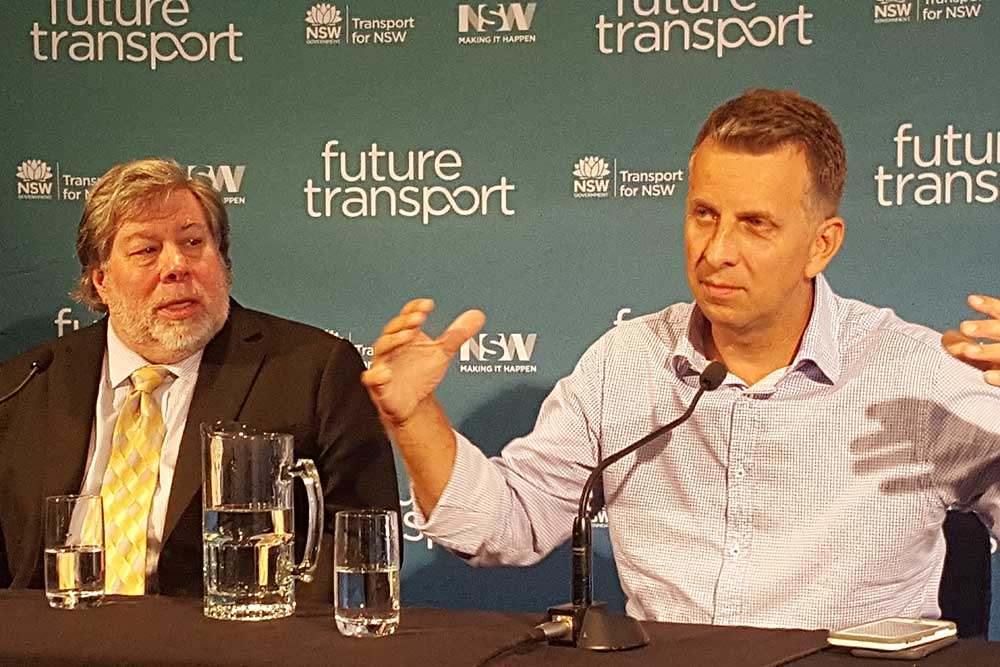 Image: Apple co-founder Steve Wozniak and New South Wales Minister for Transport Andrew Constance.