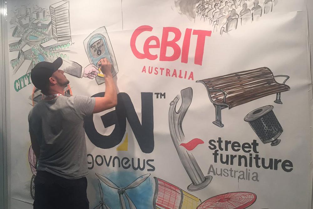 Fangaroo graphic artist and illustrator Donald Paull creates a stunning visual representation of GovNews at CeBIT Australia 2016.